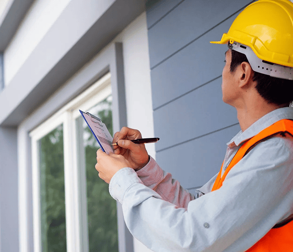 Engineer checking house structure with clipboard